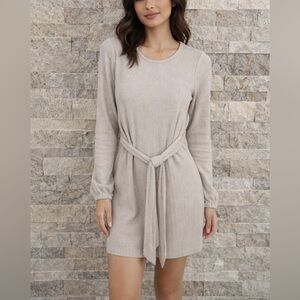 Dynamite Beige Ribbed Elegant Long Sleeve Dress Tied at the Waist